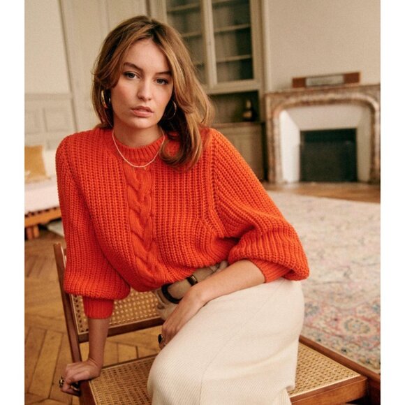 EUC Sezane Jazz 100% Cotton Cable Knit Sweater Orange XS - Picture 1 of 8
